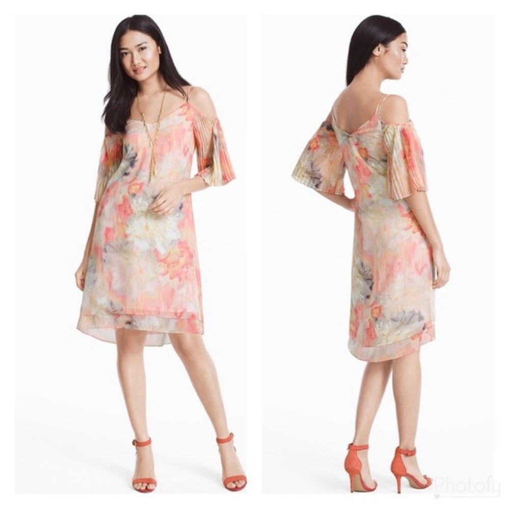 WHBM Cold Shoulder Watercolor Flutter Sleeve Dress